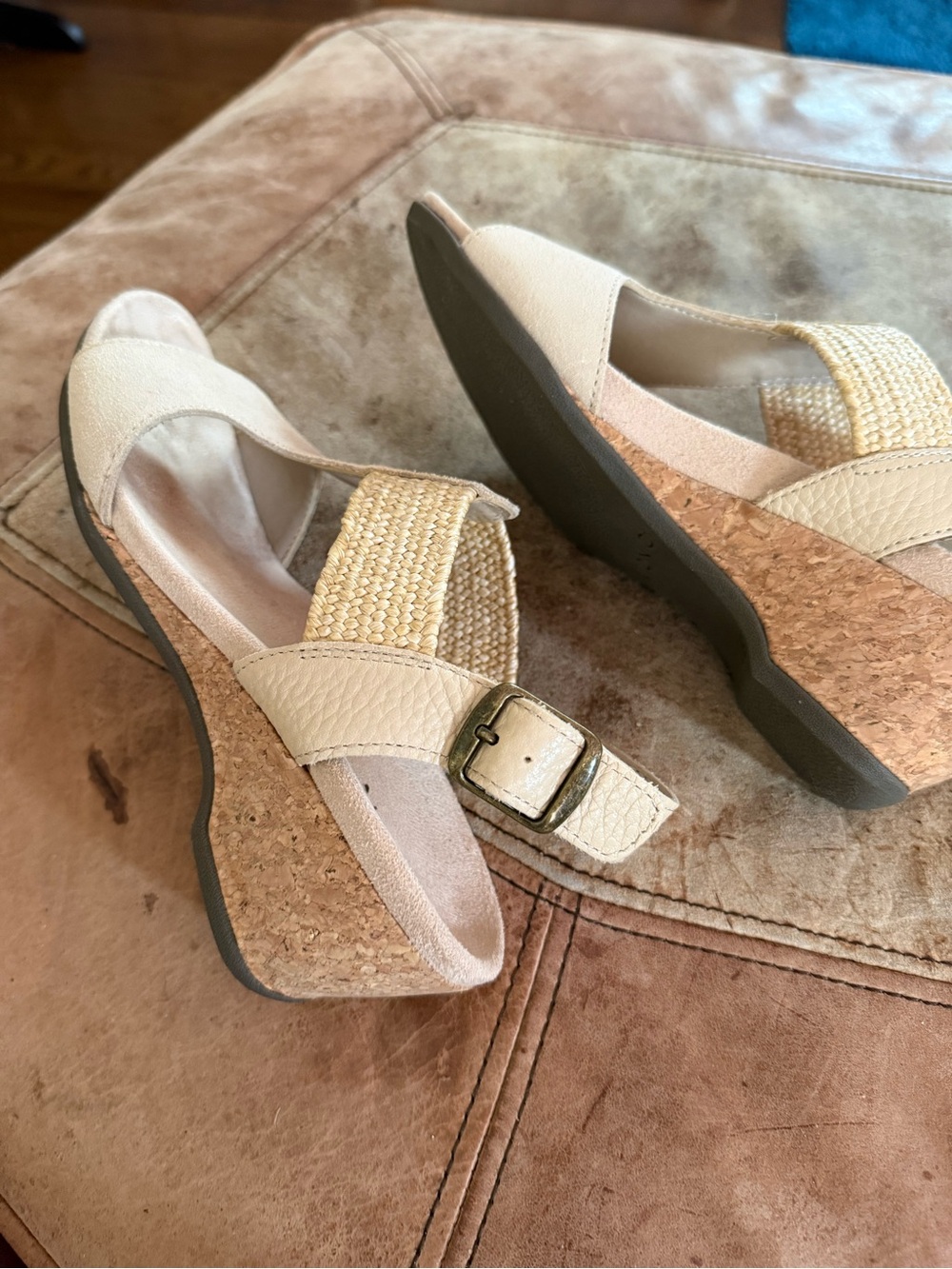 Vionic Beige Suede Wedge Sandals with Woven Strap - Picture 2 of 3